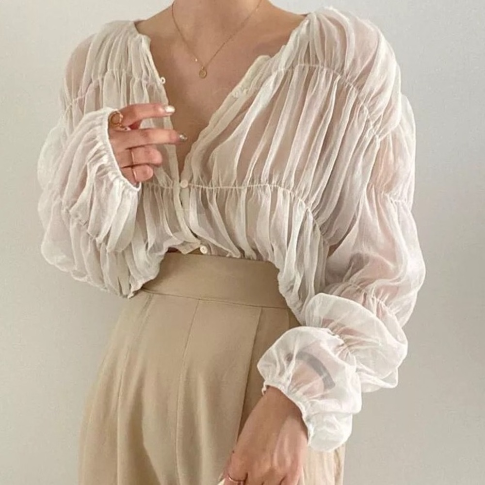 Puff sleeve blouse shirt button ruched smock cream blouse womans top